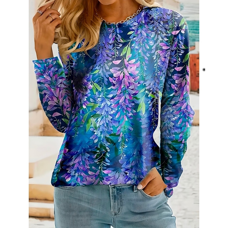 Women's T shirt Long Sleeve Crew Neck Long Sleeve Tunic Ombre Plants Casual Round Neck Regular Tops Daily Print Pink Blue Sky Blue Dusty Blue Light Blue Spring Fall Prefall2