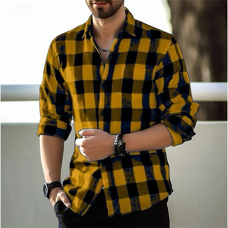 Men's Plaid Shirt Button Up Shirt Checked Shirts Black Yellow Red Purple Dark Blue Long Sleeve Plaid Lapel Vacation Casual Buckle Clothing Apparel Polyester Fashion3