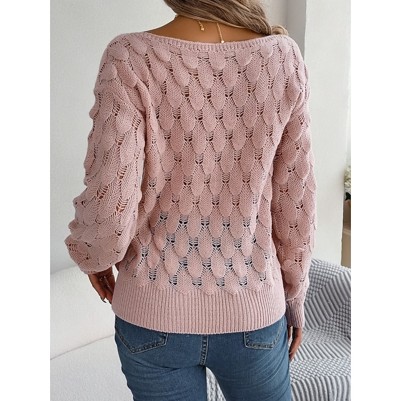 Women's Sweater Casual Soft Pure Color Crochet Crew Neck Knitted Hole Long Sleeve Regular Tops Knit Outdoor Daily Weekend Pink Blue Fall Winter2