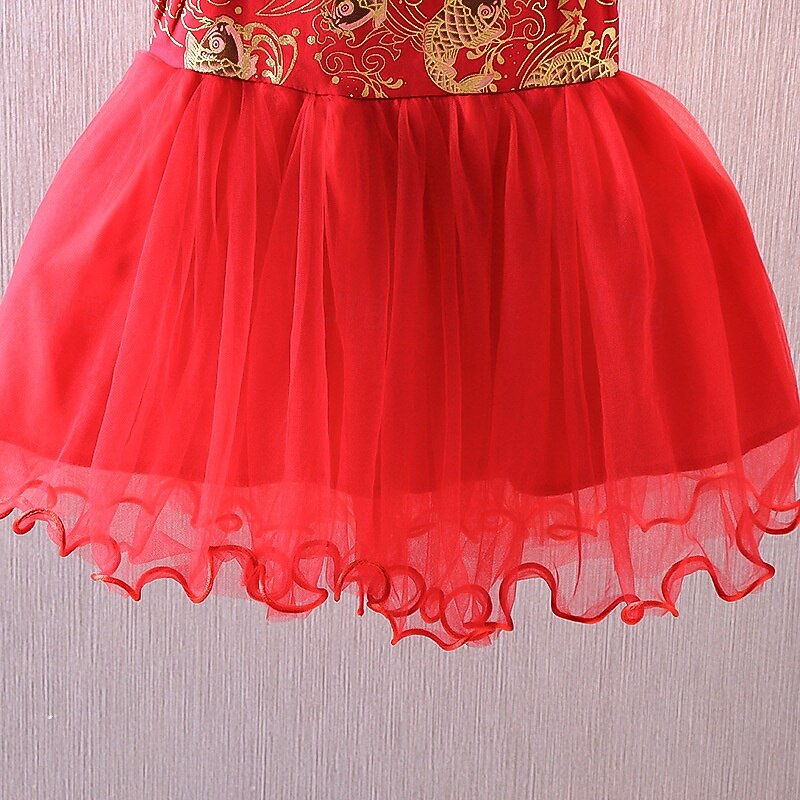 Kids Girls' Dress Chinese Cheongsam Dragon Flower Short Sleeve Performance Party Patchwork Embroidered Cute Adorable Polyester Knee-length Casual Dress Cheongsam Dress Summer Spring 4 years+2