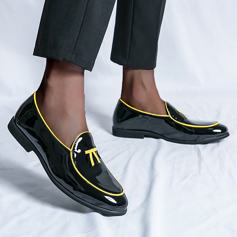Men's Black Patent Faux Leather Loafers with Yellow Trim and Tassel Detail - Stylish Slip-On Shoes for Wedding, Formal Events and Parties2