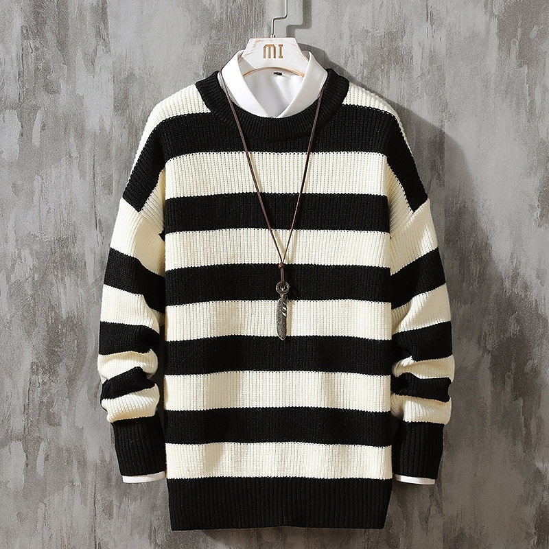 Men's Pullover Sweater Jumper Knit Sweater Ribbed Knit Regular Tops Knitted Stripe Crew Neck Fashion Basic Vacation Daily Wear Clothing Apparel Fall & Winter White Blue M L XL
