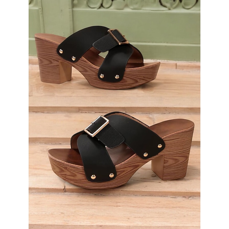 Women's Black Platform Slide Sandals with Buckle Detail and Wood-Grain Block Heels, Stylish Summer Shoes for Casual and Party Wear4