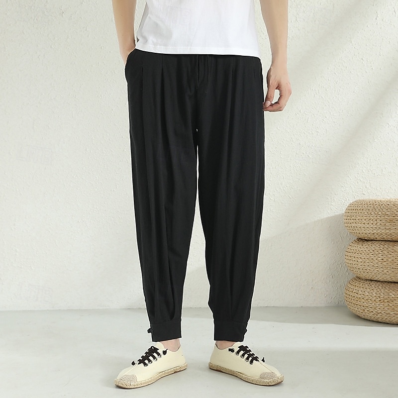 Men's Linen Pants Trousers Summer Pants Harem Pants Drawstring Elastic Waist Side Button Plain Comfort Breathable Full Length Home Casual Daily Fashion Classic Style Black Navy Blue4