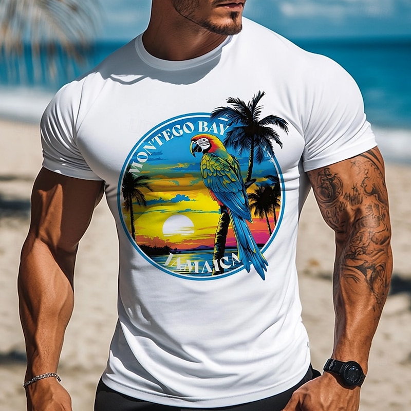 Men's T-Shirt Short Sleeve Graphic Montego Bay Jamaica Tropical Parrot Design