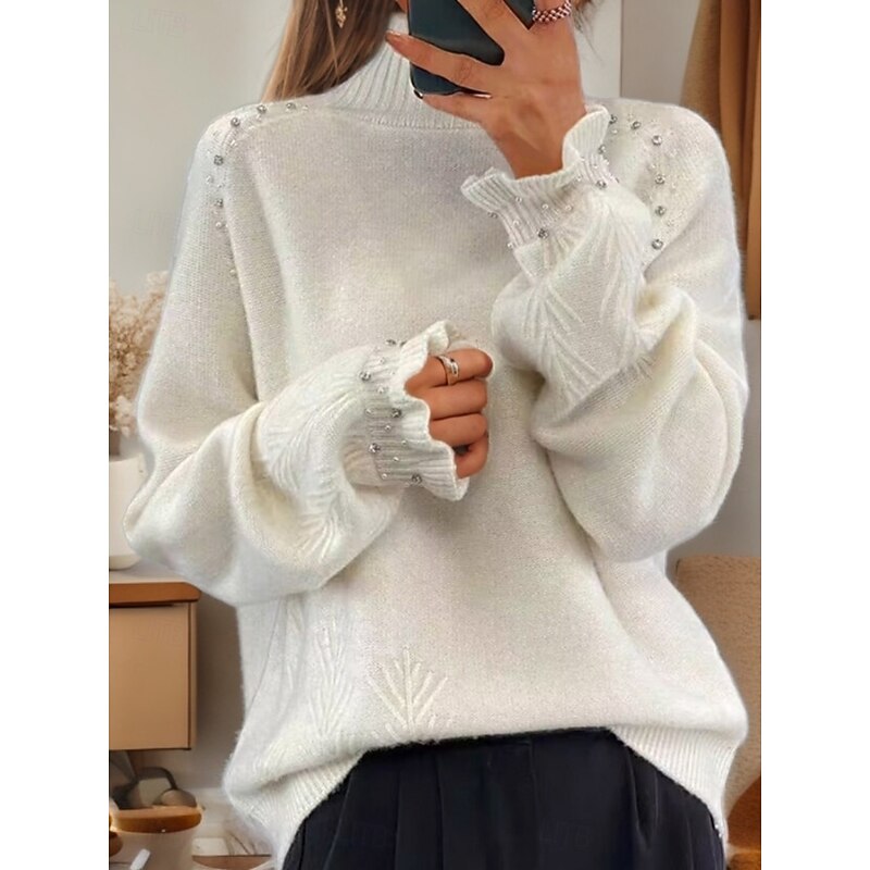 Women's Sweater Casual Soft Pure Color Ribbed Turtleneck Beaded Knitted Long Sleeve Regular Tops Knit Outdoor Daily Weekend Black White Fall Winter