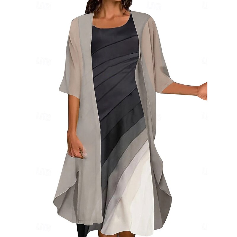 Women's Ombre Crew Neck Long Dress Maxi Dress 3/4 Length Sleeve Spring Fall2