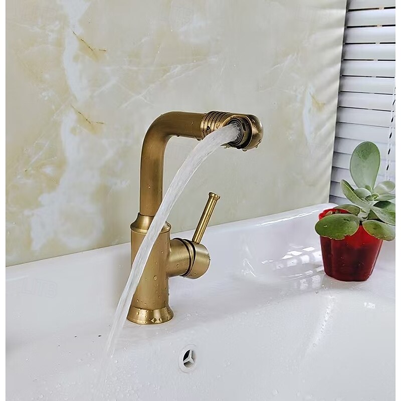 Bathroom Sink Faucet Antique Brass Swivel Spout Single Handle Faucet Retro Faucet Adjustable Water Outlet3