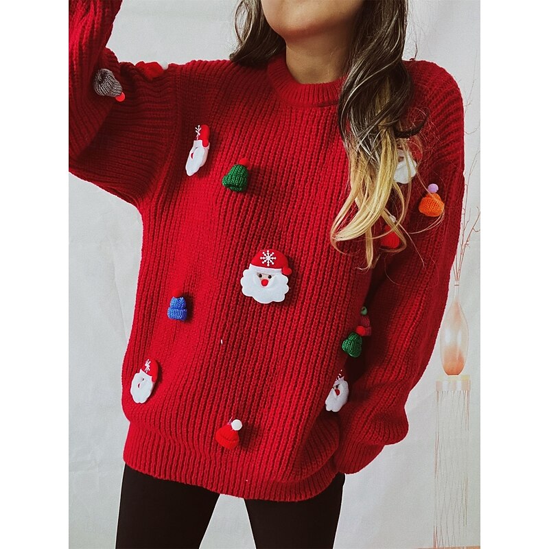 Women's Sweater Ugly Sweater Casual Soft Santa Claus Ribbed Crew Neck Knitted Long Sleeve Regular Tops Knit Outdoor Daily Weekend Black Red Fall Winter3