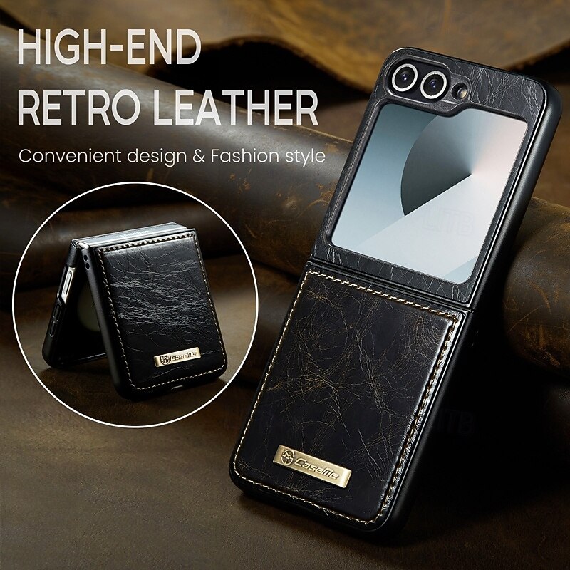 Phone Case For Samsung Galaxy Z Flip 6 Back Cover with Stand Holder Magnetic Support Wireless Charging Retro TPU PU Leather