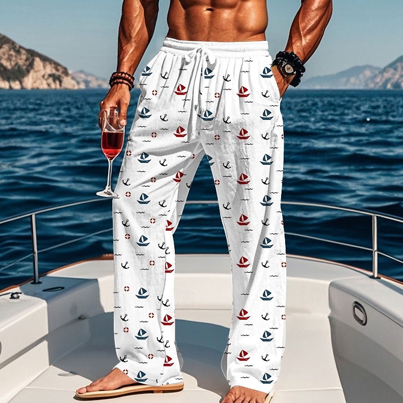 Men's Hawaiian Nautical Anchor Pants Trousers Casual Pants Mid Waist Drawstring Elastic Waist Hawaiian Casual Outdoor Vacation Holiday Straight Leg Trousers Summer Spring Fall 3D Print Black White