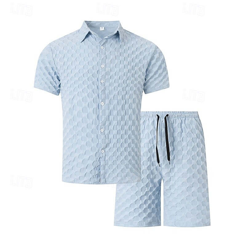 Men's 2 Piece Shirt Set Summer Set Matching Sets Casual Shirt Button Up Shirt Black White Light Green Blue Green Short Sleeve Plain Collar Vacation Daily Clothing Apparel Fashion Casual Comfortable2