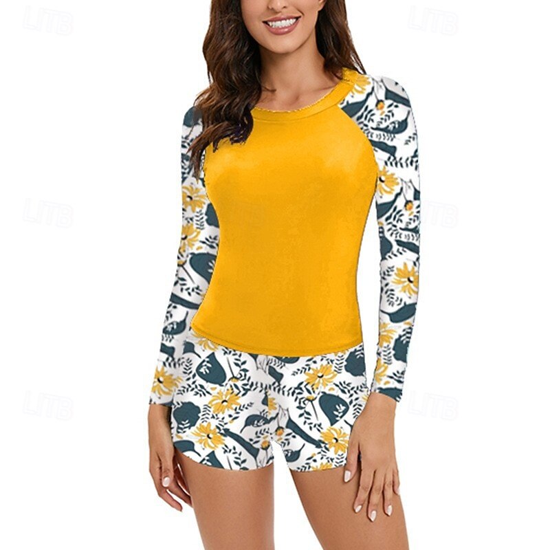 Women's Rash guard Swimsuit UV Sun Protection UPF50+ Lightweight Long Sleeve Spandex Swimwear Swimsuit 2 Piece Swimming Surfing Beach Water Sports Floral Summer Spring Autumn2