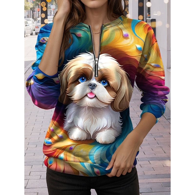 Women's Quarter Zipper Sweater Dog Casual Long Sleeve Crew Neck Regular Tops Street Dailywear Print Blue Fall Winter