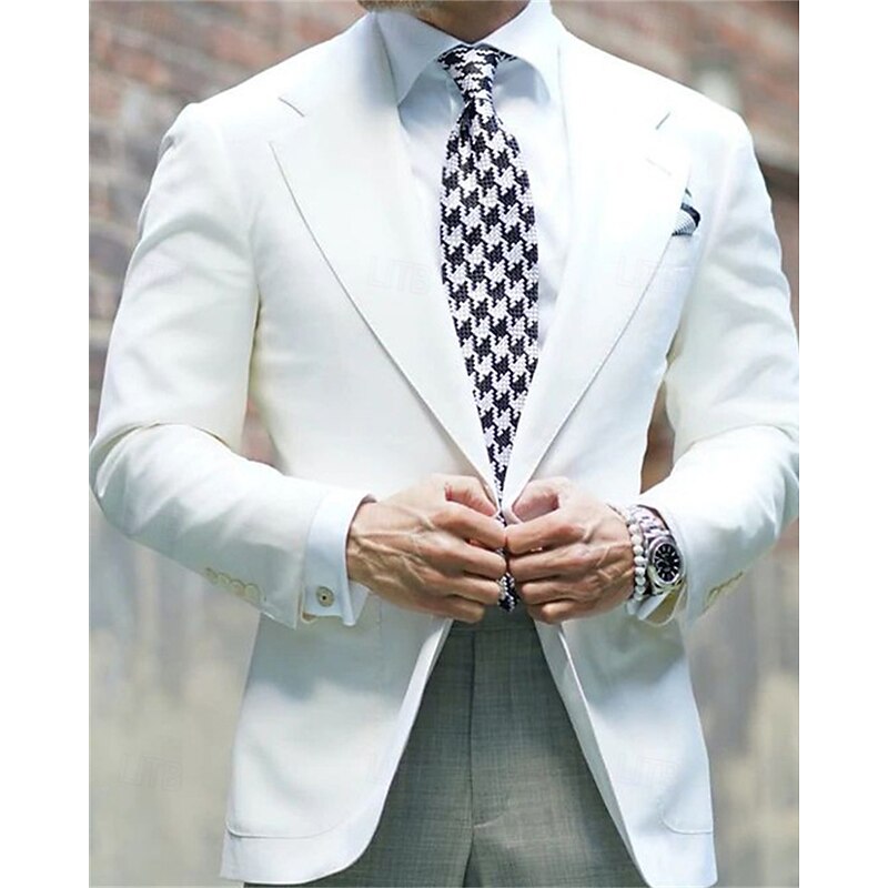 Men's Graduation Blazer Business Cocktail Party Wedding Party Fashion Casual Spring &  Fall Polyester Solid Color Pocket Buttons Comfortable Single Breasted Blazer White