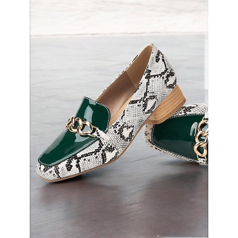 Women's Green Patent Leather Loafers with Snake Print and Gold Chain, Chunky Heel, Stylish and Comfortable Shoes for Work Wear2