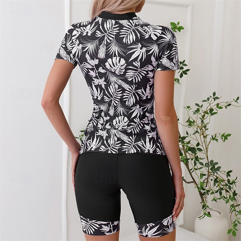 Women's Rash guard Swimsuit UV Sun Protection Breathable Quick Dry Long Sleeve Swimwear Swimsuit 2 Piece Front Zip Swimming Surfing Water Sports Patchwork Tropical Printed Summer Spring3