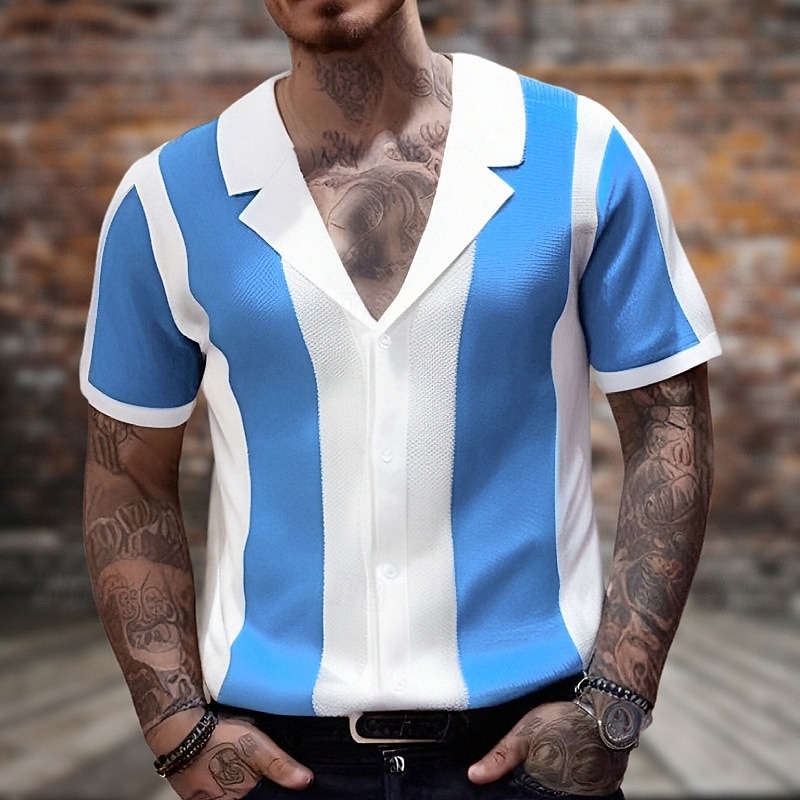 Men's Button Up Polos Golf Shirt Casual Sports Lapel Short Sleeve Fashion Basic Color Block Patchwork Buttons Summer Blue Button Up Polos