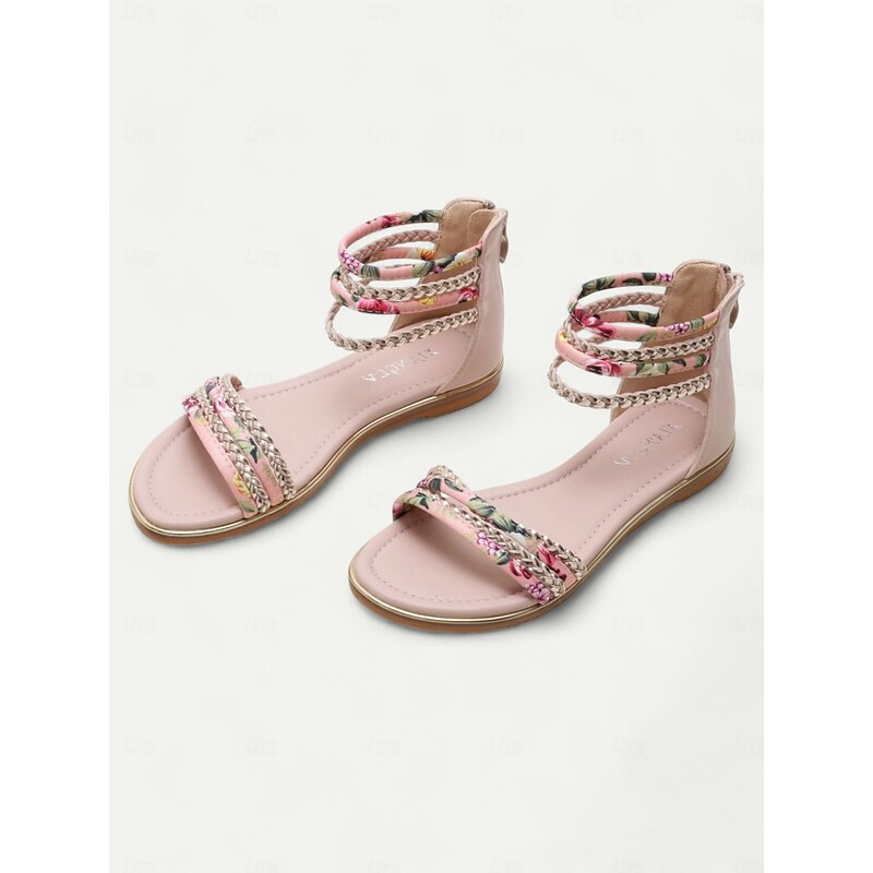 Women's Floral Braided Flat Sandals with Ankle Straps, Boho Beach Shoes for Summer Vacations and Casual Wear3