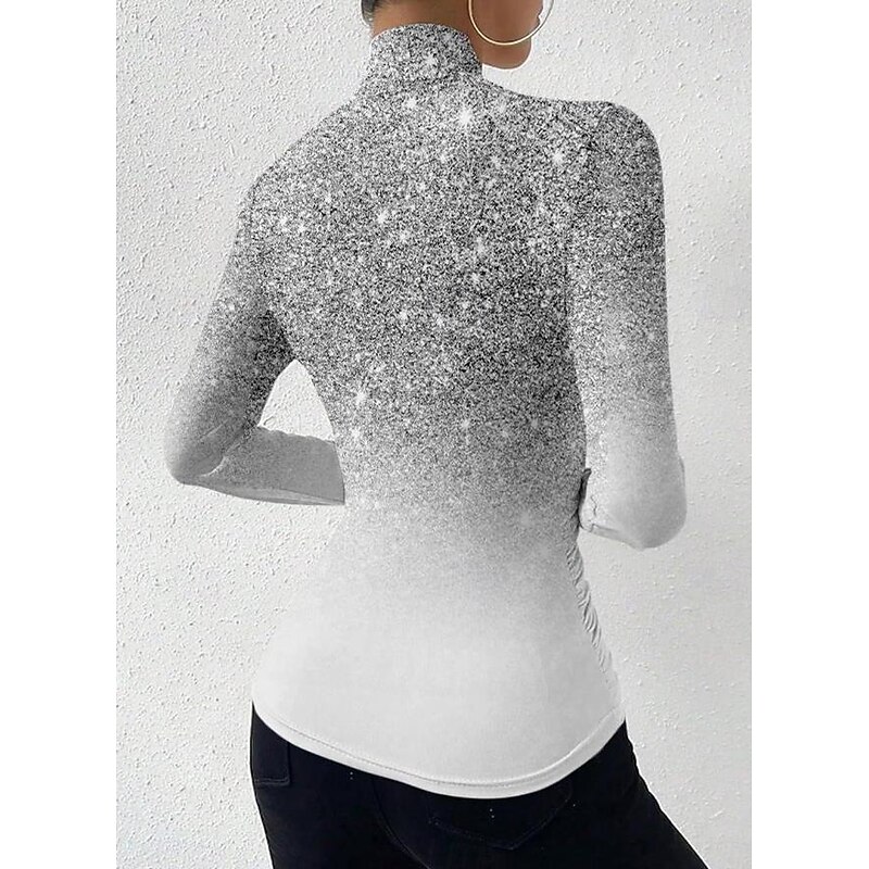 Women's T Shirt Ombre Casual Long Sleeve V Neck High Neck Regular Tops Vacation Daily Print Asymmetrical Silver Black Pink Spring &  Fall2