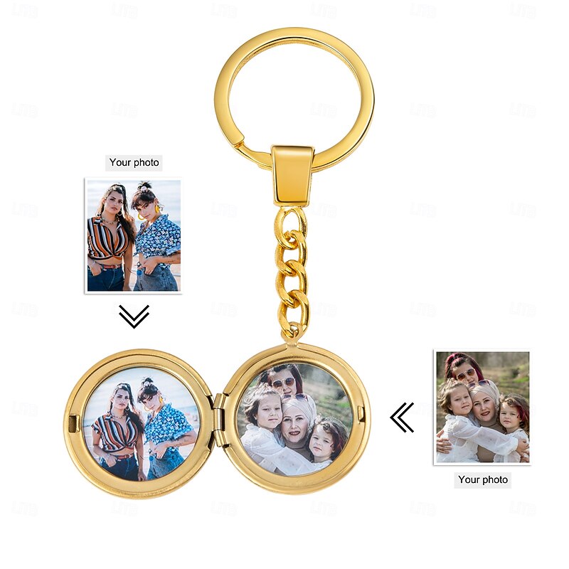 Personalized Keychain Custom Best Gift for Mom Wedding Gift for Lovers Gold Round Pendant with Two Customizable Photos3