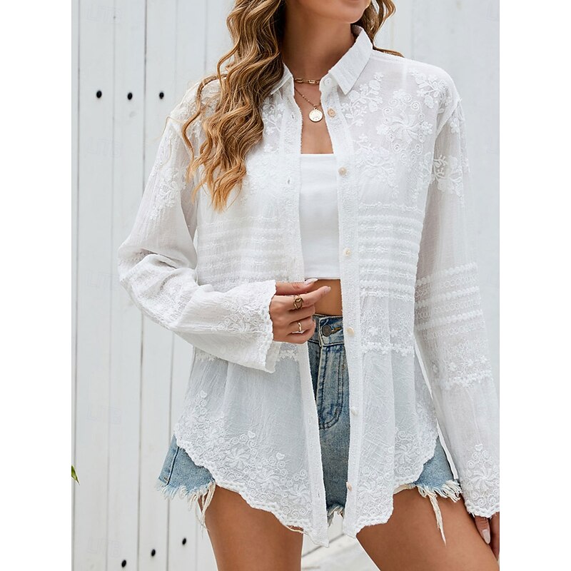 Women's Shirt Blouse Solid Color Elegant Daily Stylish Long Sleeve Shirt Collar Regular Tops Daily Holiday Going out Lace White Spring Fall