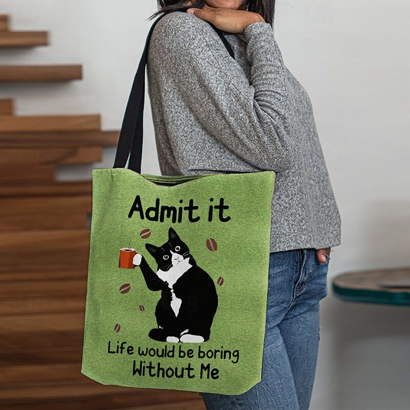 Large Capacity Tote Bag with Cat Print Design, Eco-Friendly and Durable Fabric, Available in 3 Colors – Perfect for Shopping, Travel, and Daily Use2