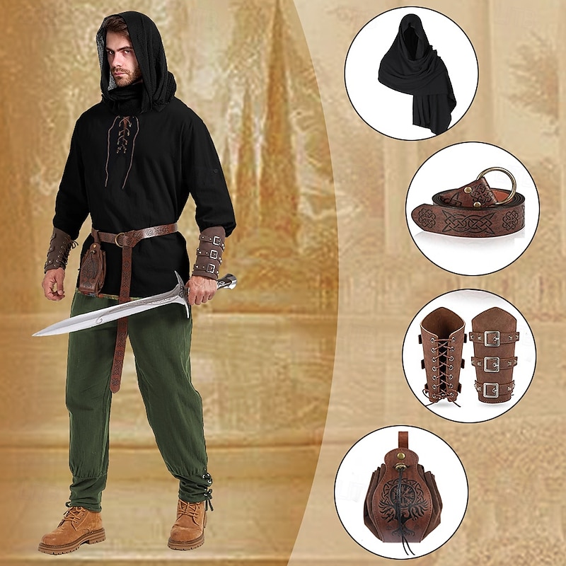 Retro Vintage Medieval Renaissance Armor Outfits Shirt Pirate Ranger Fancy Dress Men's Viking Fantasy Halloween Carnival Mardi Gras Performance Party LARP Adults' Shirt Pants Shawl2