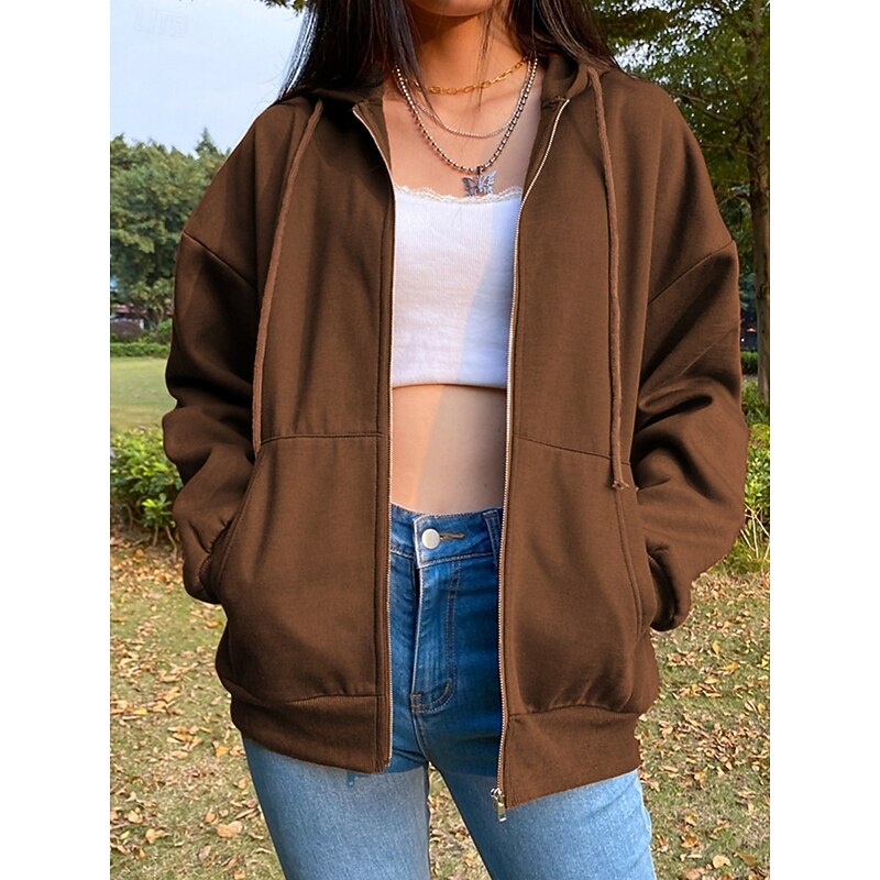 Women's Hoodie Jacket Windproof Warm Patchwork Pocket Outdoor Casual Solid Color Outdoor Street Regular Hoodie Regular Fit Long Sleeve Outerwear Brown Green Gray Fall Winter4