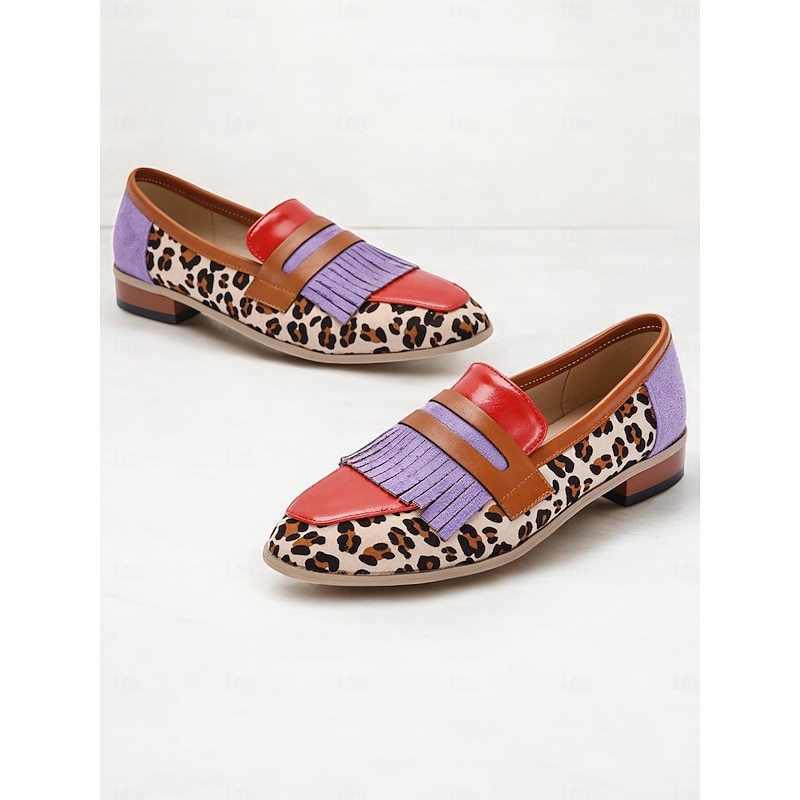 Women's Multicolor Leopard Print Loafers with Fringe Detail, Faux Leather and Suede Casual Flats for Retro and Statement Looks3