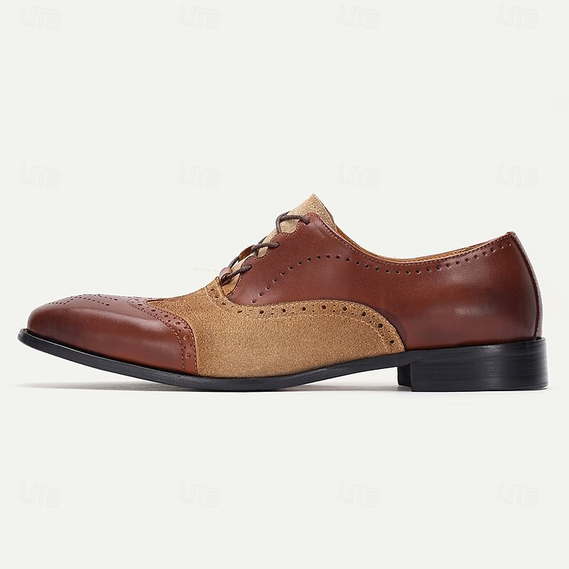 Men's Premium Cowhide Leather and Suede Wingtip Oxford Shoes, Lace-Up Brogue Design, Stylish Formal Shoes for Business, Weddings, and Special Occasions3