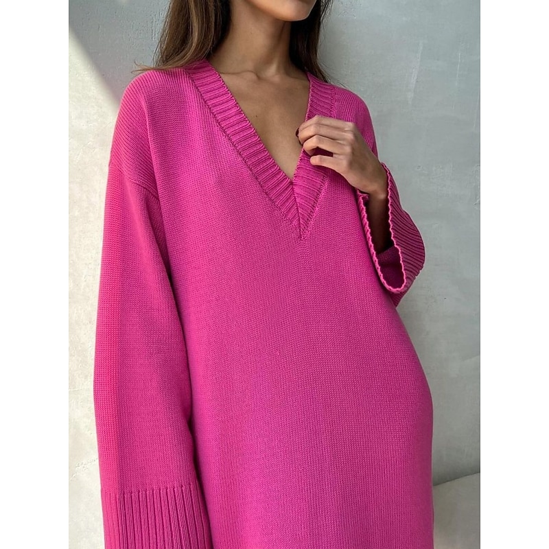 Women's Sweater Sweater Dress Casual Soft Pure Color Ribbed V Neck Knitted Long Sleeve Long Tops Knit Outdoor Daily Weekend Black Fuchsia Fall Winter3