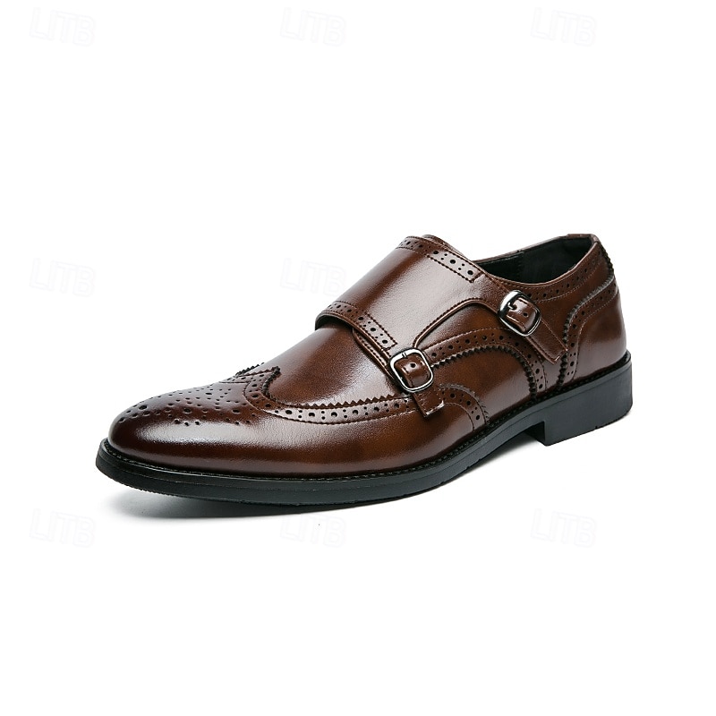 Men's Brown Double Monk Strap Dress Shoes – Genuine Faux Leather Brogue Oxford Shoes for Formal Events and Office Wear4