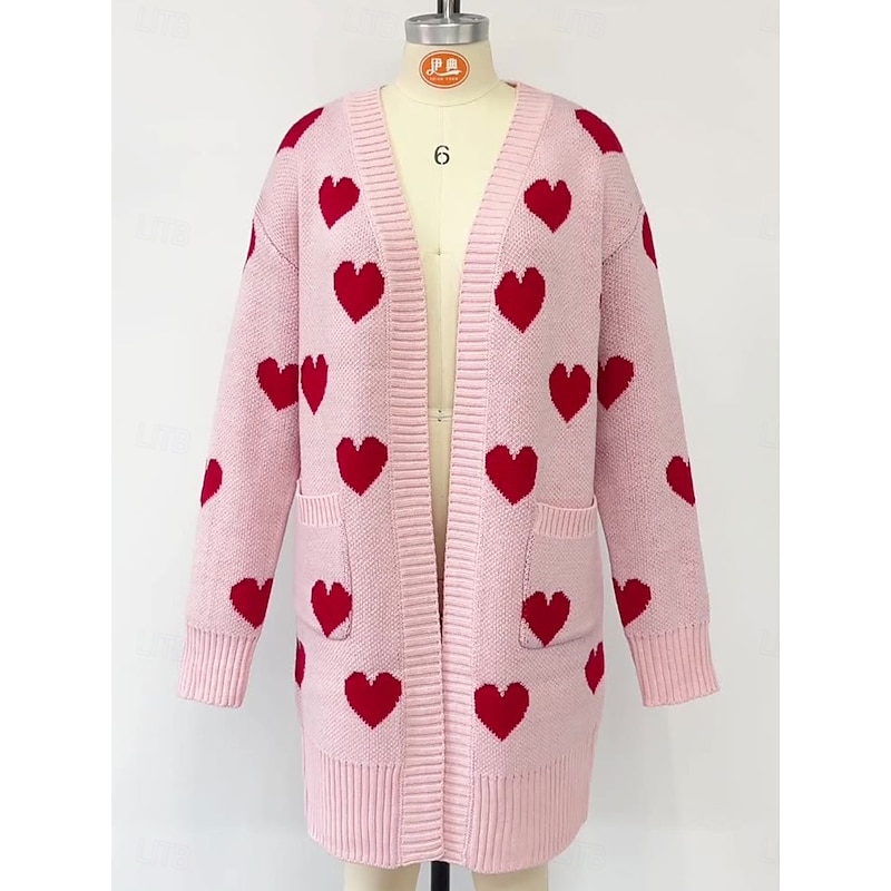 Women's Valentine Pink Sweater Cardigan Elegant Fashion Streetwear Heart V Neck Pocket Knitted Long Sleeve Long Tops Knit Outdoor Daily Weekend Black Pink Fall Winter2