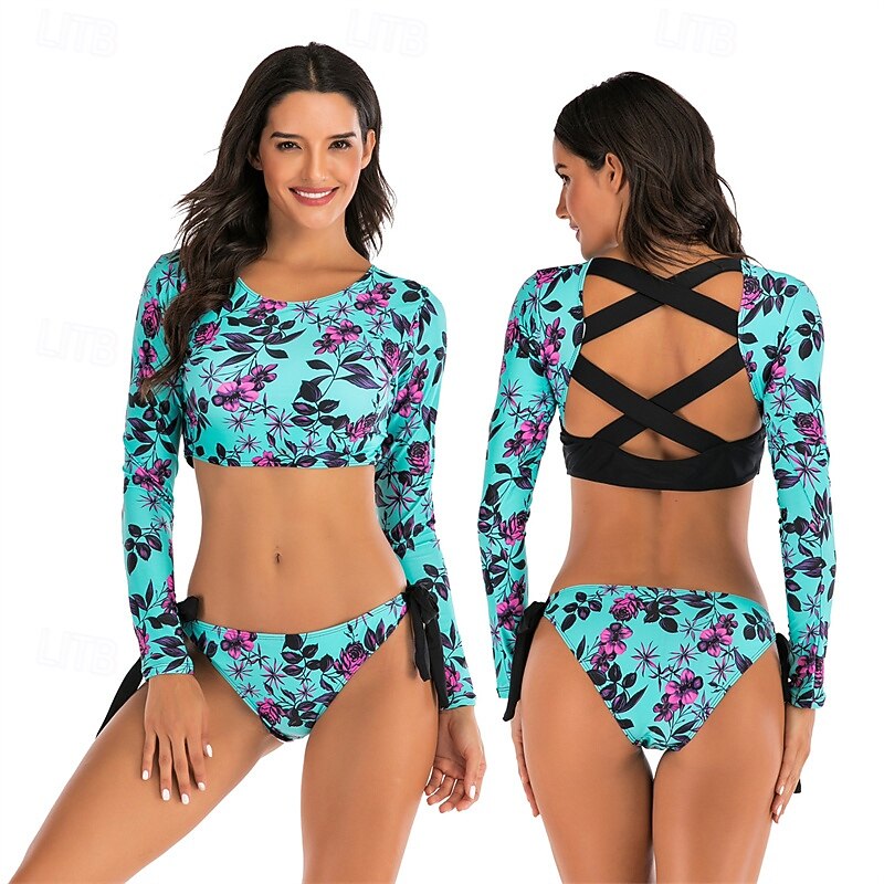 Women's Rash guard Swimsuit UV Sun Protection UPF50+ Breathable Long Sleeve Spandex Swimwear Swimsuit 2 Piece Open Back Swimming Surfing Beach Water Sports Floral Summer Spring Autumn
