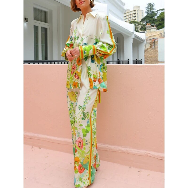 Women's Fashion Streetwear Daily Shirt Blouse Wide Leg Pants Long Sleeve Shirt Collar Plain Print Casual Daily Green Spring &  Fall Regular Fit