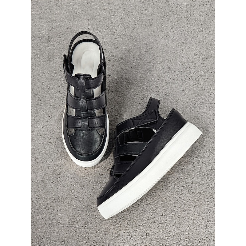 Women's Comfortable Black Faux Leather Strappy Sandals with White Sole - Perfect for Beach or Casual Outings4