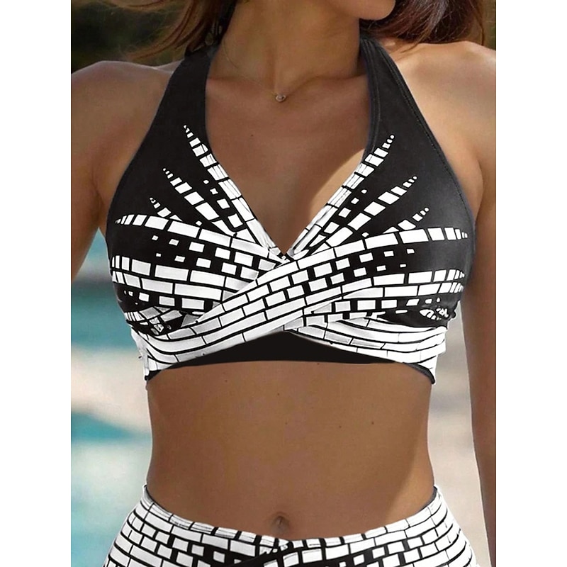 Women's Swimsuits Bikini 2 Piece Cheeky Swimsuit Backless Vacation Beach Wear Geometric Halter Neck Sleeveless Bathing Suits3