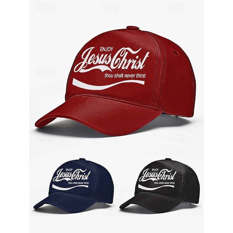 Religious Printed Baseball Cap with 'Enjoy Jesus Christ Thou Shalt Never Thirst' Design, Adjustable Christian Hat for Men and Women, Perfect for Casual Wear, Church Events, and Faith-Based Gifts - Main Image
