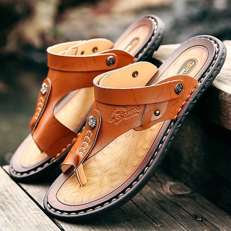 Men's Faux Leather Toe-Ring Sandals – Vintage Style Flip-Flops with Decorative Rivets for Casual Summer Beachwear