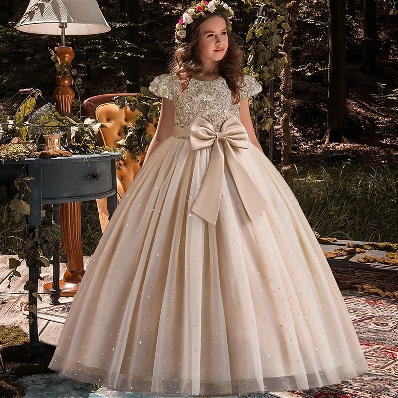 Kids Girls' Flower Girl Dress Party Dress Color Block Sleeveless Performance Wedding Party Tie Knot Beautiful Sweet Polyester Maxi Party Dress Swing Dress A Line Dress Summer 4 years+ White Champagne