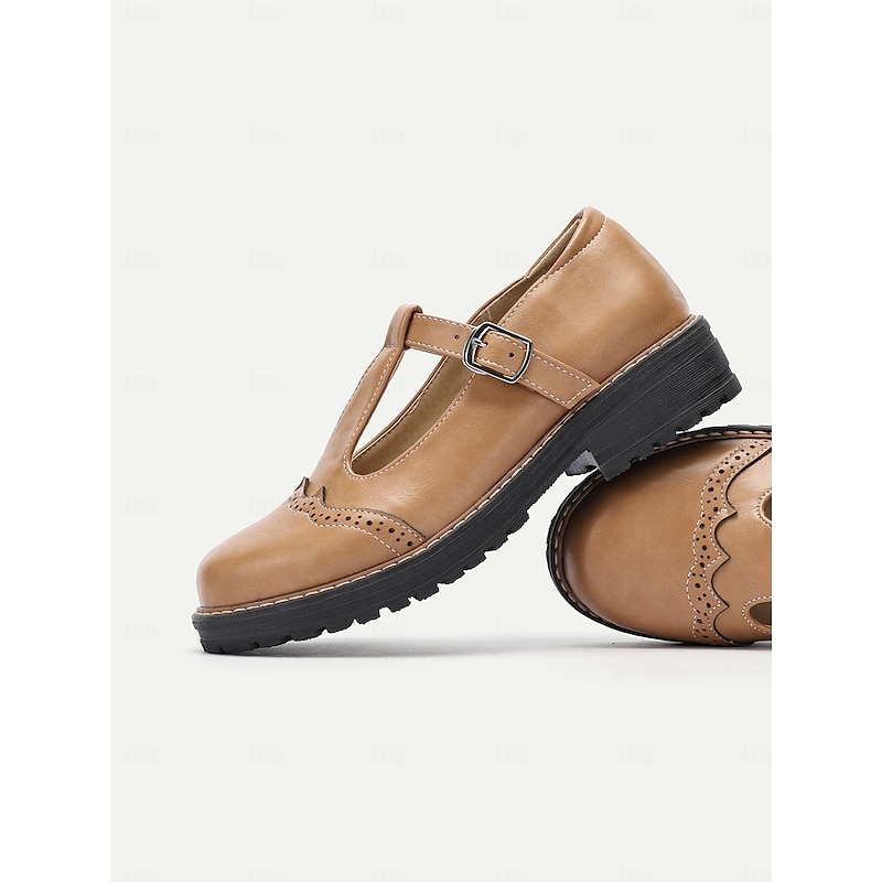 Women's Tan Faux Leather T-Strap Mary Jane Shoes with Brogue Detailing, Rugged Sole for Comfortable Daily Wear and Vintage Style Outfits4