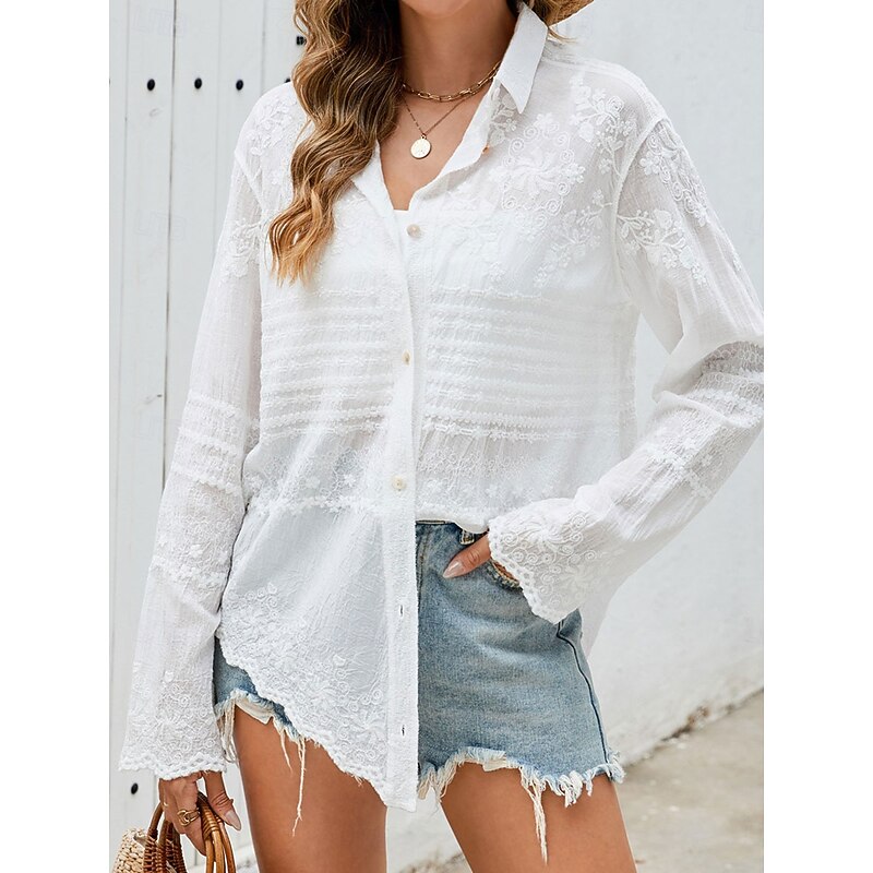 Women's Shirt Blouse Solid Color Elegant Daily Stylish Long Sleeve Shirt Collar Regular Tops Daily Holiday Going out Lace White Spring Fall2