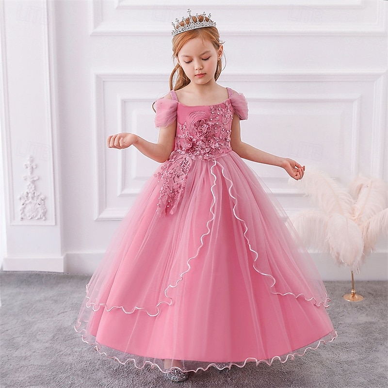 Flower Girl Dress Kid's Girls' Princess Dress Performance Wedding Party Elegant Beautiful Mesh Solid Color Sleeveless Crew Neck Champagne Pink 4 years+