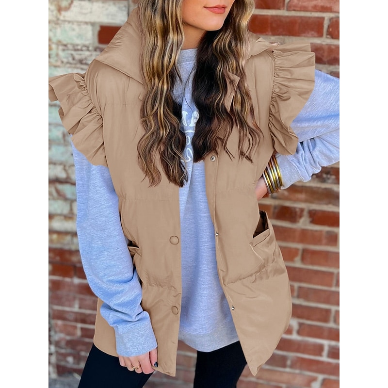 Women's Vest Outdoor Street Daily Fall Winter Regular Coat Regular Fit Warm Breathable Comtemporary Stylish Jacket Sleeveless Solid Color with Pockets Black Pink Khaki2