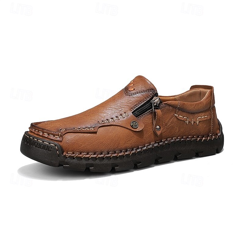 Men's Brown Faux Leather Slip-On Loafers with Side Zipper and Hand-Stitched Details – Comfortable Casual Shoes for Work, Travel, and Daily Wear4