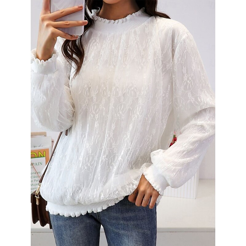 Women's Flowy Tops Solid Color Elegant Ladies Long Sleeve High Neck Regular Tops Going out Lace White Gray Spring Fall