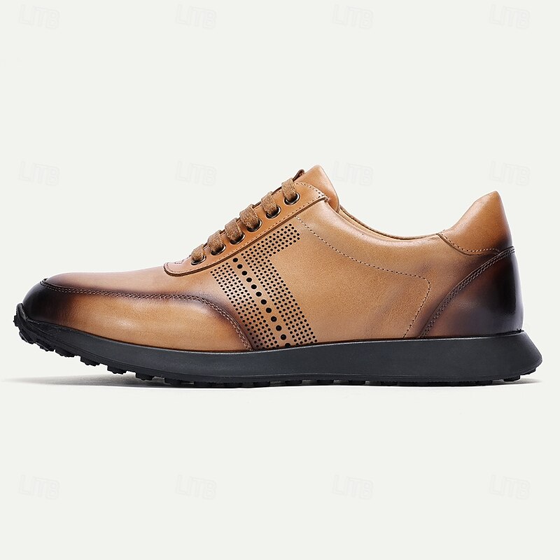 Stylish Brown Leather Lace-Up Sneakers with Perforated Detail for Men | Perfect for Casual and Business Casual4