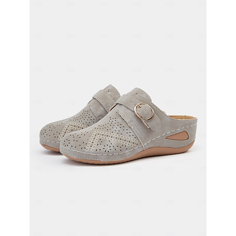 Women's Perforated Gray Faux Leather Wedge Mules - Comfortable Footwear for Casual Wear3