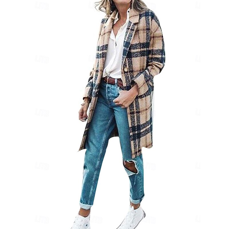 Women's Winter Coat Coat Windproof Warm Pocket Casual Street Style Plaid Vacation Work Street Daily Wear Single Breasted Turndown Loose Fit Long Sleeve Outerwear Apricot Fall Winter3